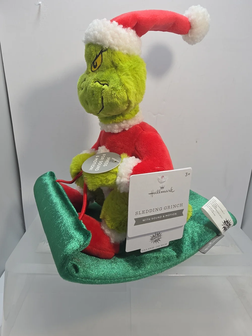 2024 Hallmark Sledding Grinch Animated Plush Sound & Motion Christmas Decor (Z4)